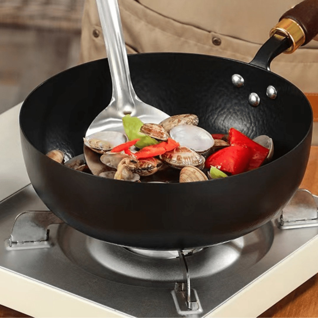 Non Stick Iron Wok Pan with Wood Handle
